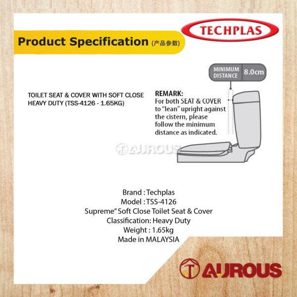 TECHPLAS HEAVY DUTY SUPREME SOFT CLOSE TOILET SEAT & COVER (TSS-4126 - 1.65KG) - Image 3