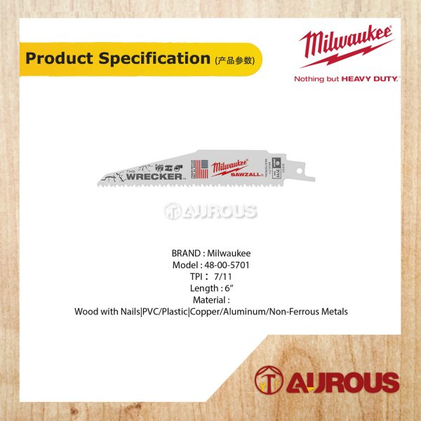 MILWAUKEE 6'' 7/11 TPI MULTI MATERIAL WRECKER SAWZALL BLADE 48-00-5701 (5 PCS/PKT) - Image 3