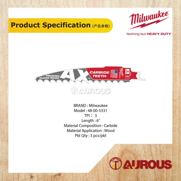 MILWAUKEE 6'' 3TPI AX PRUNING SAWZALL BLADE WITH CARBIDE TEETH 48-00-5331 (3 PCS/PKT) - Image 3