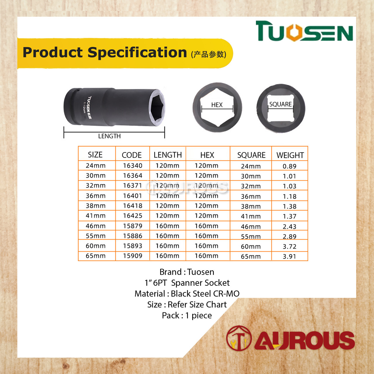 TUOSEN 1'' 6PT SPANNER IMPACT SOCKET (BLACK STEEL CR-MO) LENGTH 120MM & 160MM (SIZE 24MM-65MM) - Image 7