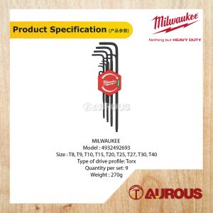 MILWAUKEE 9 KEY L-FORM TORX KEY SET 4932492693 (SIZE T8 - T40) - Image 5