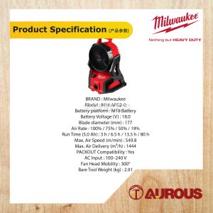 MILWAUKEE M18 CORDLESS GEN 2 AIR FAN PACKOUT JOBSITE FAN M18 AFG2-0 (BARE TOOL) - Image 5