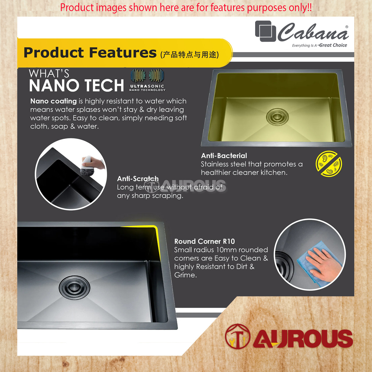 CABANA NL SERIES STAINLESS STEEL HANDMADE UNDERMOUNT NANOGRAIN KITCHEN SINK SINGLE BOWL (KS7545-NL / KS7545-BL-NL) - Image 5