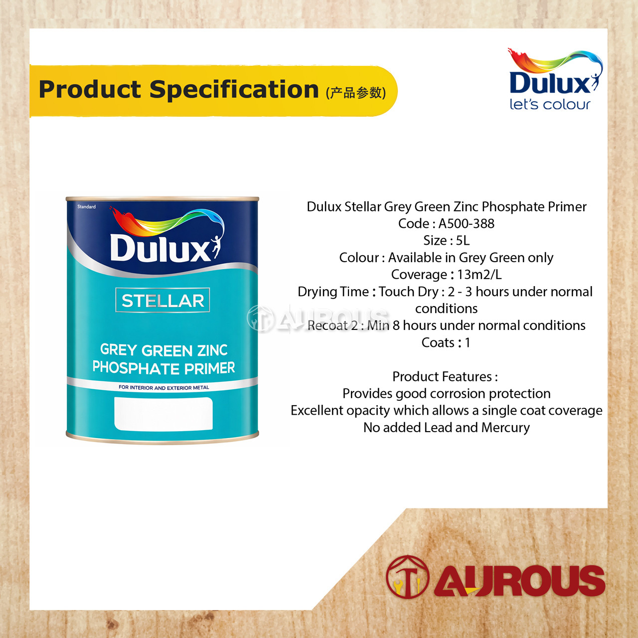 DULUX STELLAR GREY GREEN ZINC PHOSPHATE PRIMER 5 LITRE (A500-388) - Image 2
