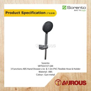 SORENTO 3 FUNCTIONS ABS HAND SHOWER C/W 1.5M PVC FLEXIBLE HOSE & HOLDER (SRTSS5727-GM) - Image 3