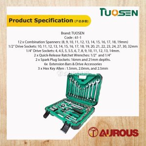 TUOSEN 61PCS 1/4" & 1/2" AUTOMOTIVE SPANNER SOCKET AND HAND TOOL ACCESSORIES RATCHET SET (61-1) - Image 6